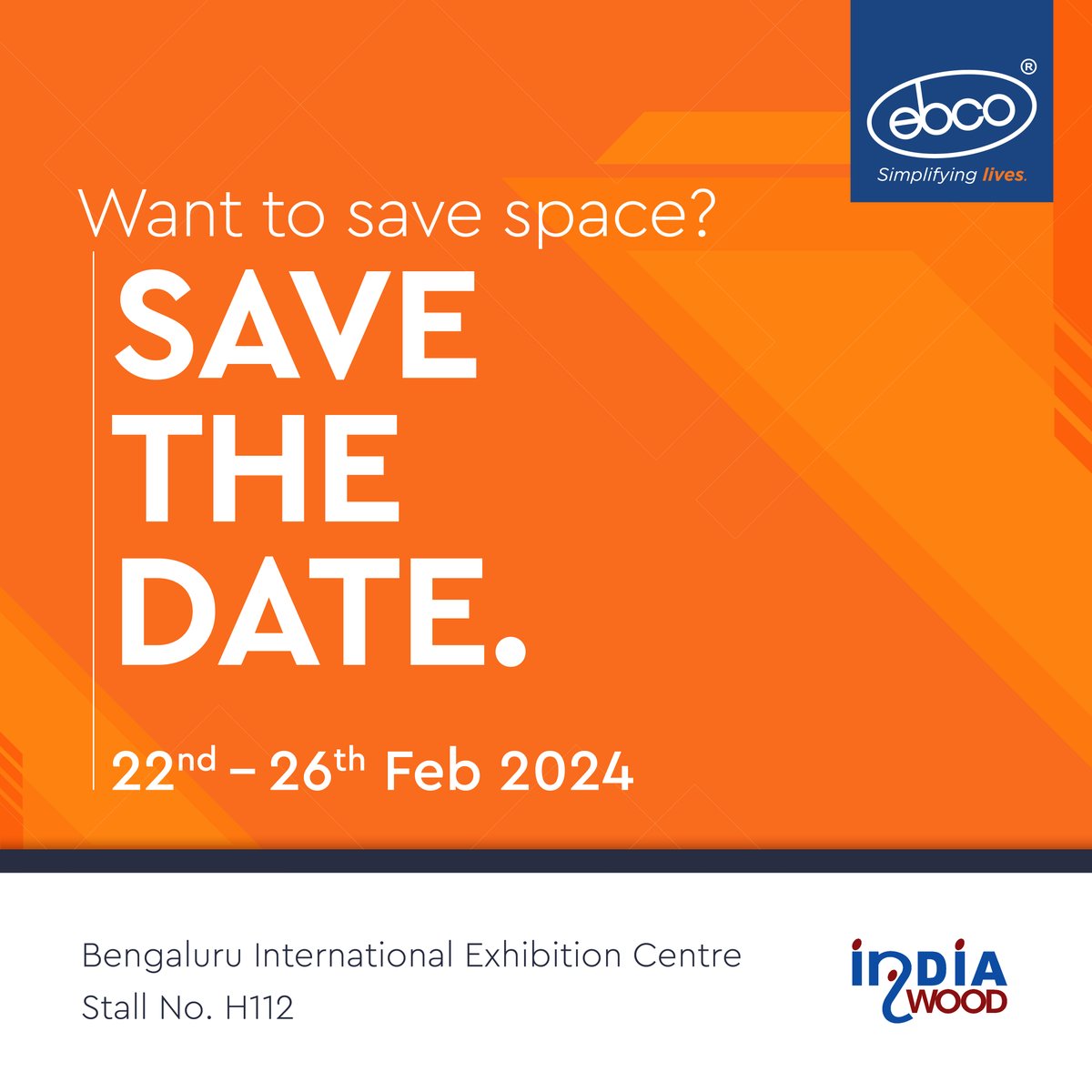 ebcohardware's tweet image. Find all the space-saving solutions you’ll ever need at the Indiawood Exhibition.

#IndiawoodsExhibition2024 #Ebco #BIEC