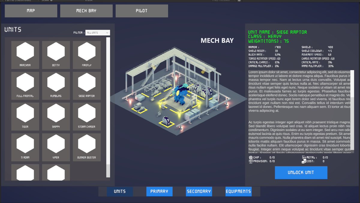 Working on the 'Mech Bay' and 'Drop Zone/Sortie' UI is just a mockup #gamedevs #indiegame #Mecha #mechs #unity