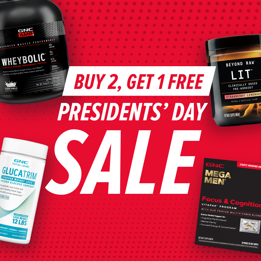 Our PRESIDENTS’ DAY SALE is happening NOW! 🙌 BEYOND RAW®, GNC Total Lean®, GNC AMP, and MORE are currently Buy 2, Get 1 FREEˇ! 🎊 Mix and match your favs at GNC or click the link below. Link: bit.ly/3T3Aews
