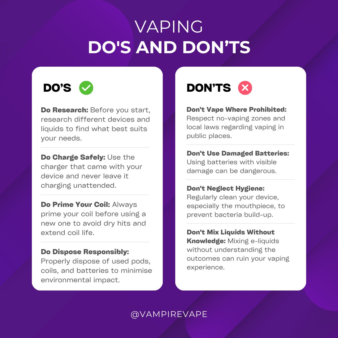 Vaping Smart: Do's &amp; Don'ts 
✅ Know your device, prime coils, charge safely, and respect public spaces.
❌ Avoid prohibited areas, damaged batteries, and neglecting device care.
Vape responsibly and make every puff count!"