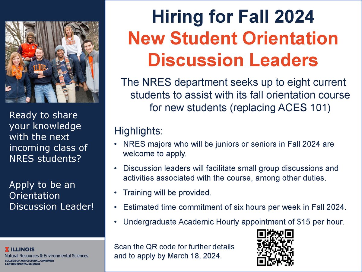 NRES undergraduates of all backgrounds and experiences may learn more and apply at forms.illinois.edu/sec/631221417.