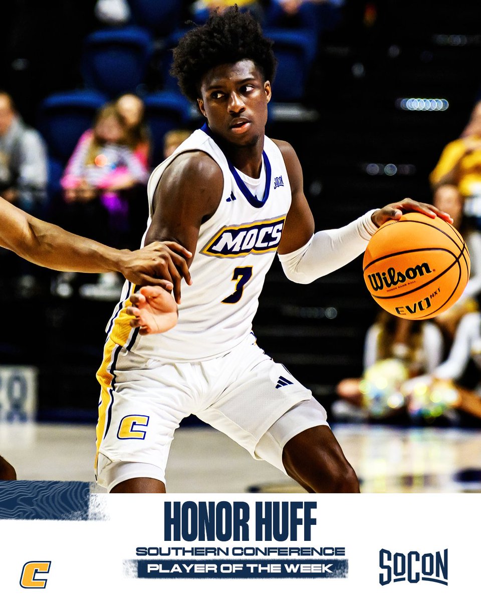 𝑻𝑼𝑭𝑭 𝑯𝑼𝑭𝑭 ✨ Honor Huff: SoCon Player of the Week! ‣ 28.5 points, 2.5 assists, 2.5 steals ‣ 51.6% FG (16-31), 50.0% 3PT (12-24) ‣ Tied school record 9 3FGM in W over ETSU ‣ Sits 8th in NCAA DI w/ 88 3FGM 🏅 bit.ly/48l1Rpq @honor2official x @SoConSports