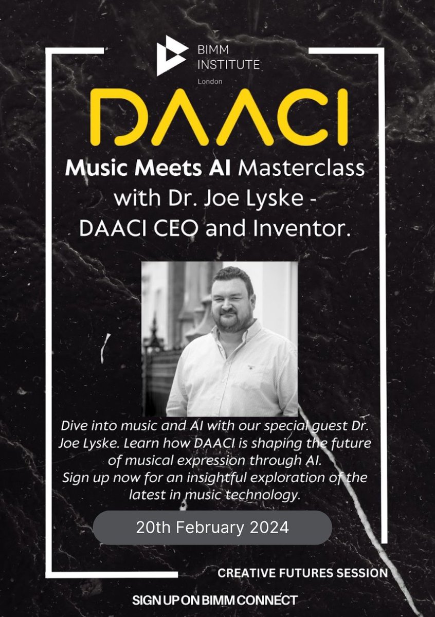 DAACI Inventor and Co-Founder Dr Joe Lyske is delivering an exciting “Music Meets AI Masterclass” to BIMM University students tomorrow, 20th of February. Students can look forward to seeing DAACI technology in action as Joe takes to the stage to demo some of our tools!
