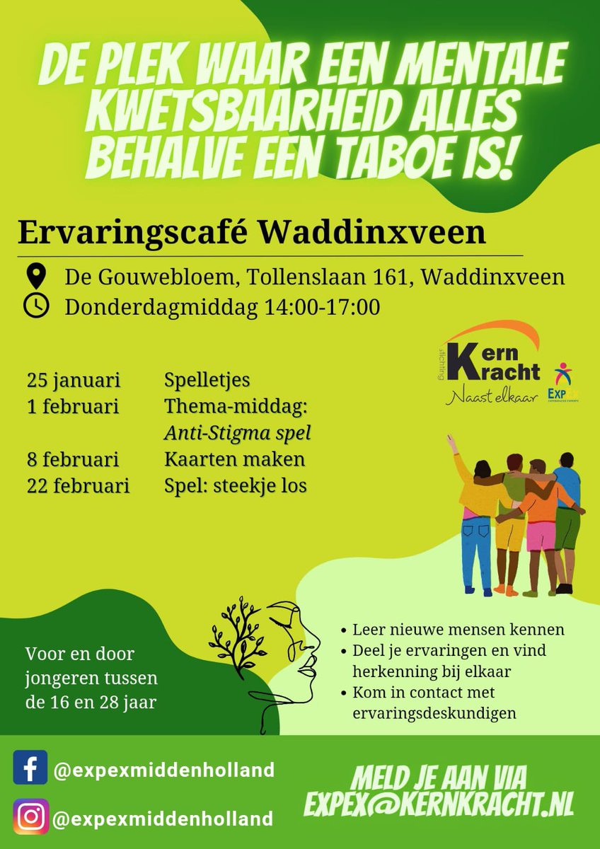 Kom jij a.s. donderdag 22 feb. ook gezellig langs in Waddinxveen bij het Ervaringscafe? 
Je mag altijd iemand meenemen! 
Delen wordt gewaardeerd 🙏🏼

#Waddinxveen #middenholland #ervaringsdeskundige #ervaringscafe #kernkracht #expexmiddenholland #jongeren