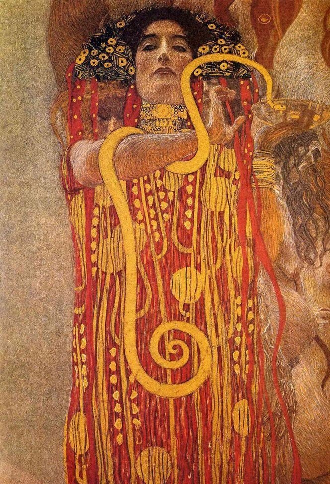Gustav Klimt's figure of Hygeia, the Greek goddess of good health & hygiene, gazes stoically while holding a transparent bowl to a serpent. The bright yellow shapes and lines contrast with the brilliant red of her garment. #MythologyMonday