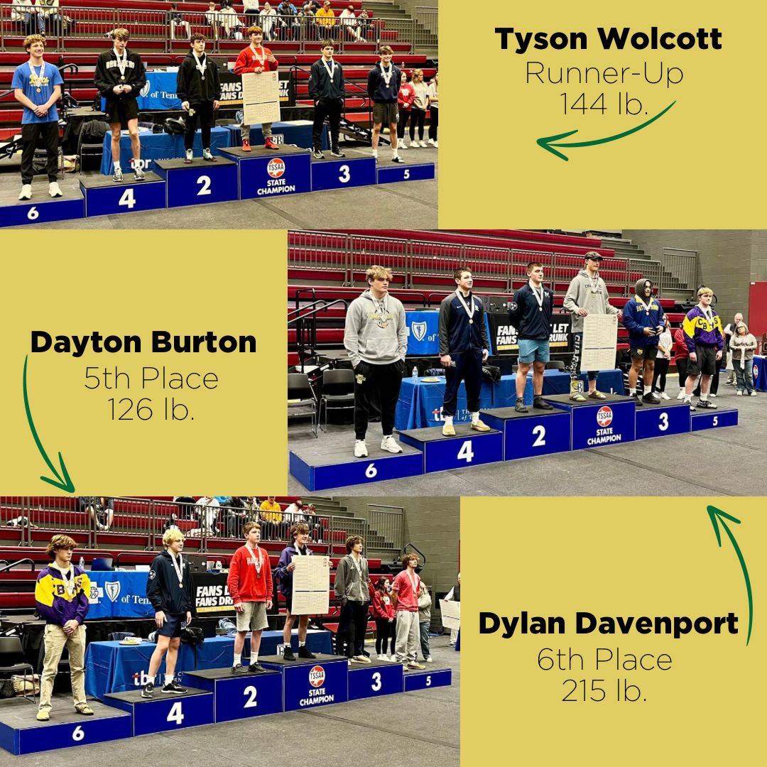 Congratulations to Dylan Davenport, Tyson Wolcott, and Dayton Burton for medaling in the TSSAA D-II Individual State Wrestling Championships last weekend!