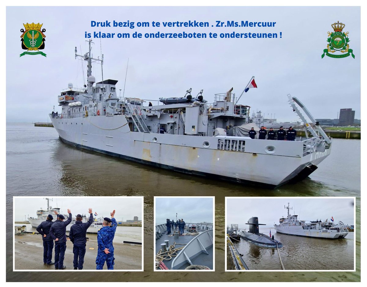 Ook Zr.Ms.Mercuur is vanmiddag naar zee vertrokken . Klaar om de onderzeeboten te ondersteunen . Het is stil in de haven . Foto's via : @CO_MRCU , @ozd_czsk , @Jeroen_NLDs , @COB_2009 , @ROnderzeedienst .