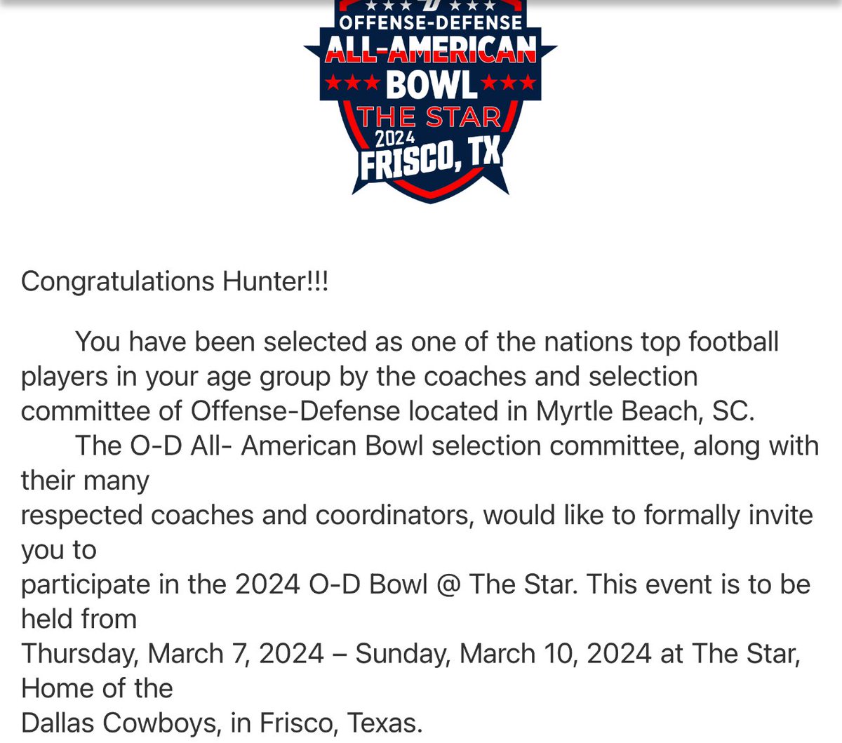 I’m blessed to receive an invitation from @ODFBall to compete in the National Offense-Defense All-American Bowl. I’m very humbled at this recognition. @realfarleyfam @CoachBHicks @coachwiggins23 @walterv50 @coach_dwise @CappsHal @ncsa @Therealcoachaj