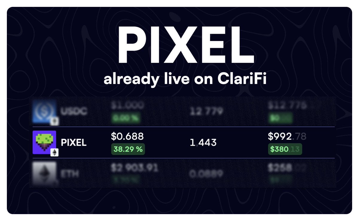 What a launch!
$PIXEL just landed on ClariFi and it's already turning heads.

Stay sharp, stay updated. Your DeFi canvas just got a splash of PIXEL - see your portfolio in a whole new light, only on ClariFi! 🔎

➡️ app.clarifi.it