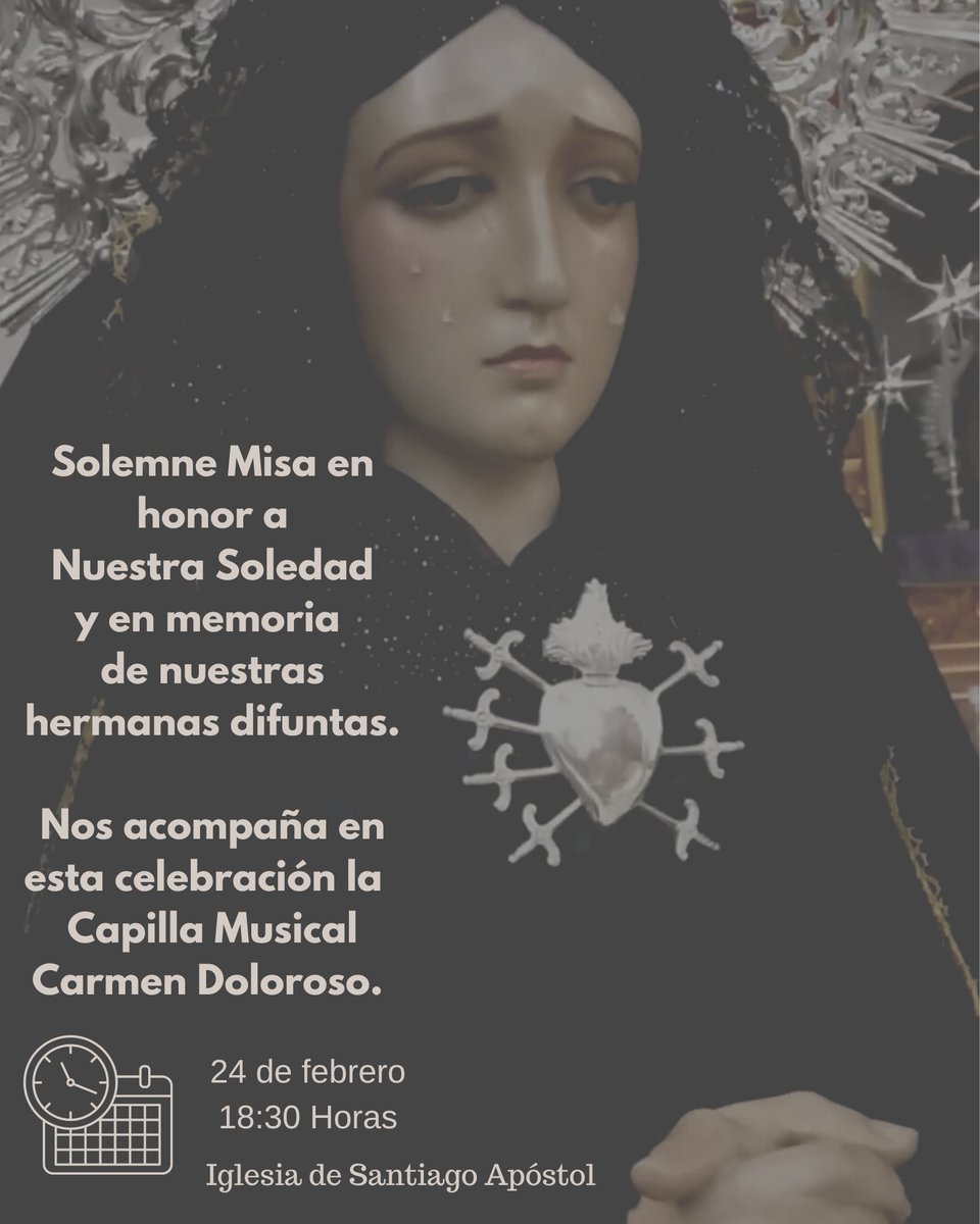 Solemne Eucaristía en honor a Nuestra Soledad el próximo dia24. Nos acompaña con sus hermosos sones <a href="/CMcarmenD/">Capilla Musical Carmen Doloroso</a> .

#ServitasdeCasarabonela
#Cuaresma
#InMemorian
#Casarabonela