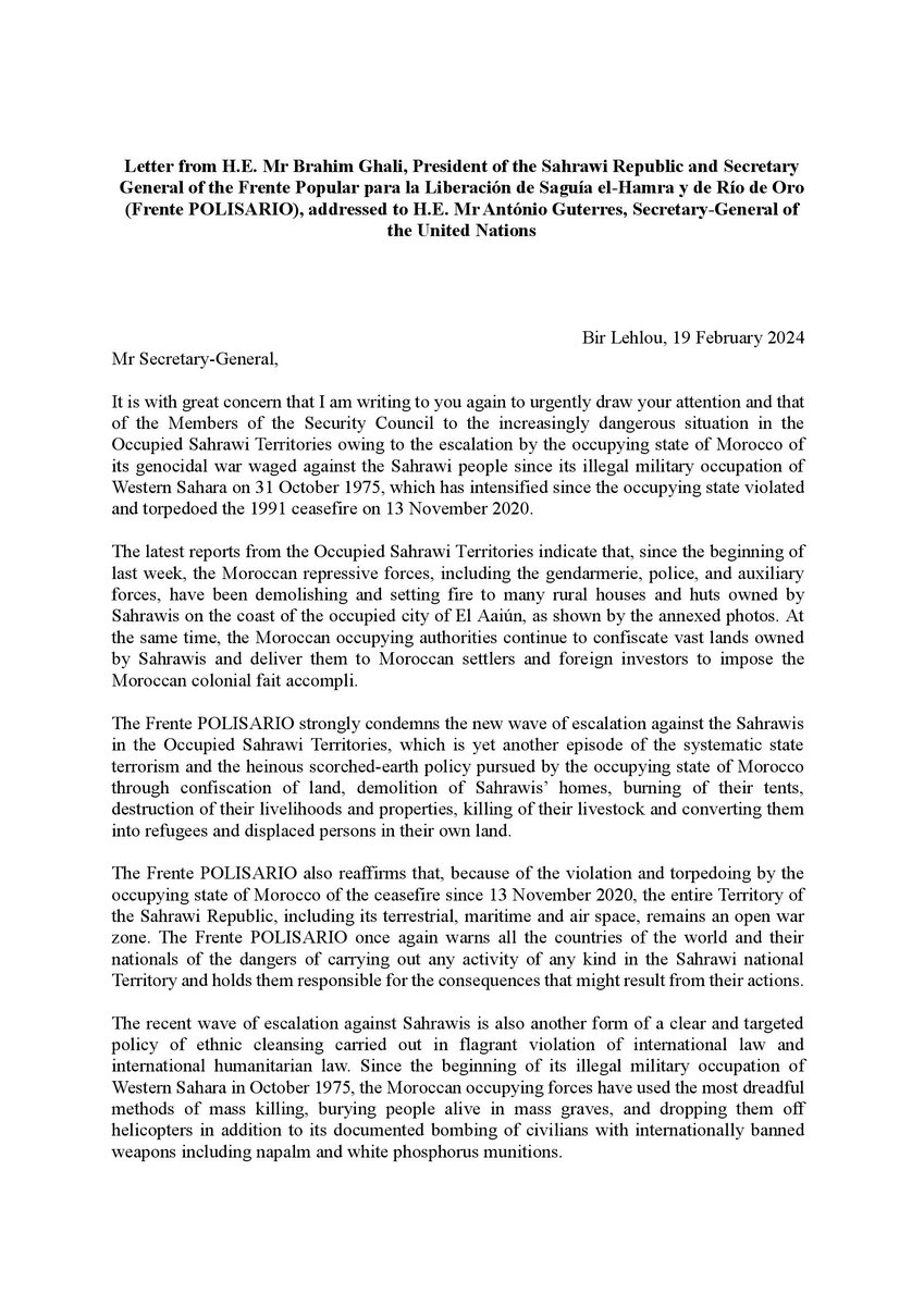 SidiOmarNY's tweet photo. In his letter today to UNSG, President of SADR and SG of Frente #POLISARIO, Mr Brahim Ghali, condemned the recent Moroccan escalation, which is another episode of the state terrorism and scorched-earth policy pursued by the occupying state of Morocco in Occupied #WesternSahara. https://t.co/ph8mIbk1wl