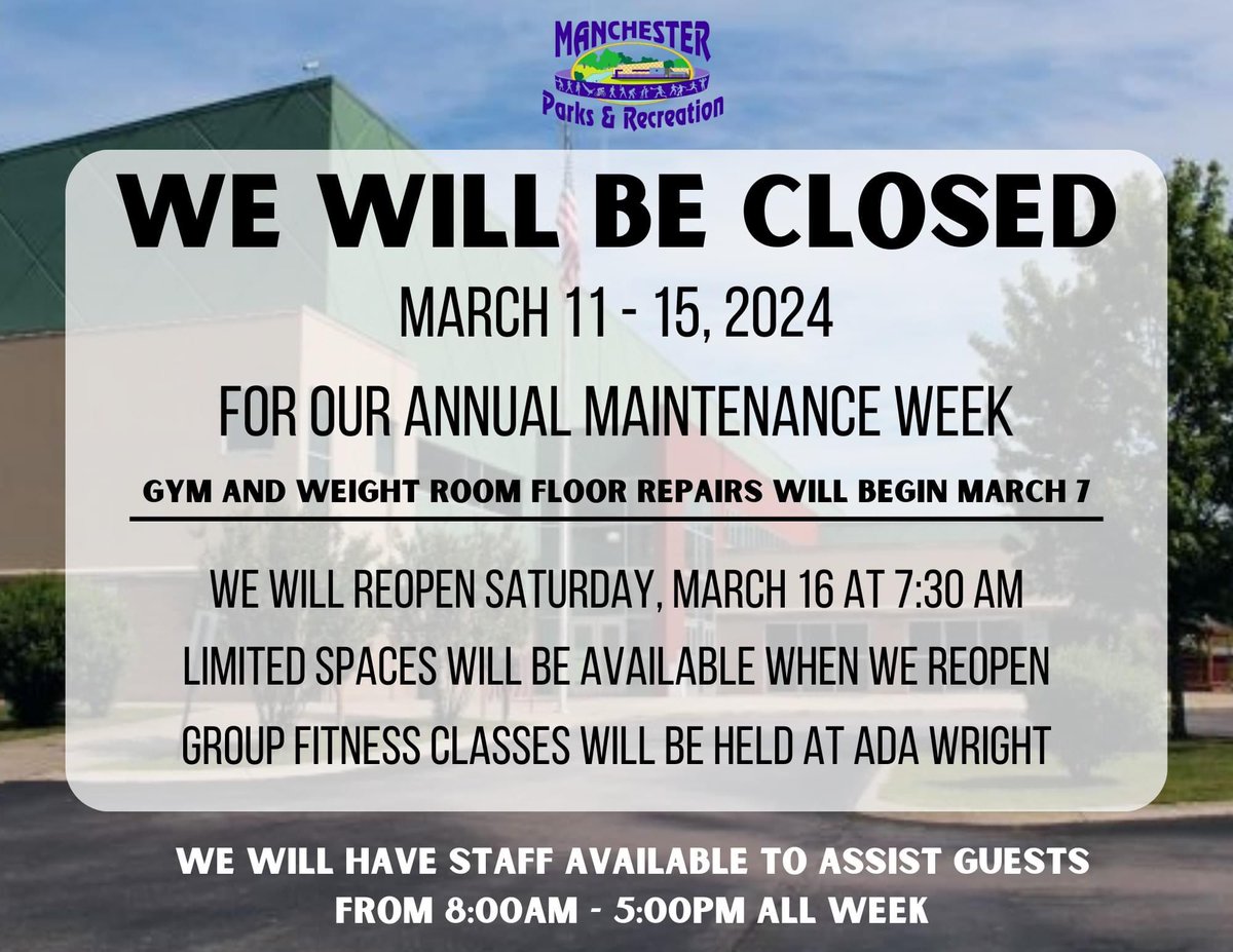 ManTNRec's tweet image. ⚠️ATTENTION ALL GUESTS⚠️

We will be CLOSED for our annual maintenance week Monday, March 11 through Friday, March 15. We will reopen on Saturday, March 16 at 7:30 am with limited amenities. Repairs to the gym and weight room floor will begin on Thursday, March 7.