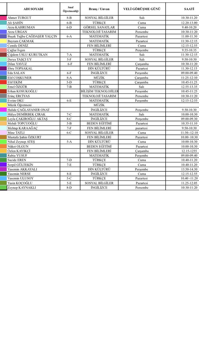 Velilerimizin Dikkatine,
Değişen ders programından dolayı veli görüşme saatlerimiz de değil olup yeni çizelge görseldeki gibidir.