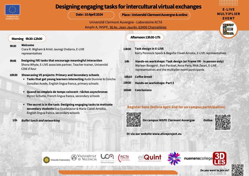 ELIVE_project's tweet photo. The E-LIVE team cordially invites you to our one-day Multiplier Event on the 10th of April, 2024. We have put together what we think is an interesting programme with talks and workshops (streamed and in person). @UCAuvergne  @EUErasmusPlus https://t.co/YH11Qjo17B