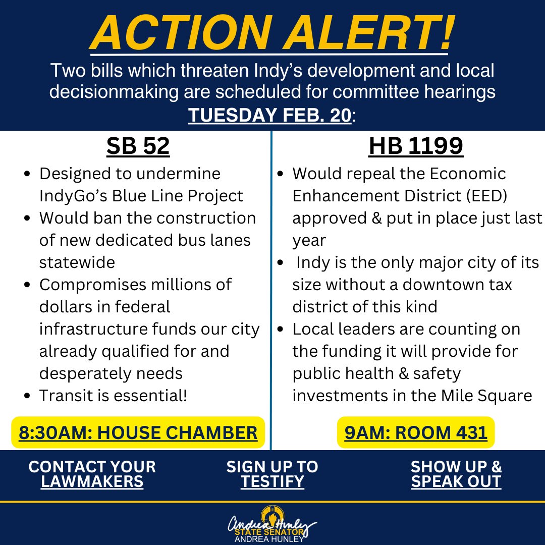 ACTION ALERT⚠️Two bills antithetical to Indy's local autonomy &amp; democratic process will be heard by House &amp; Senate committees TUESDAY MORNING. I'm so impressed by the fight District 46 is putting up to oppose these policies -- we have to keep the pressure on. I'll see you there!