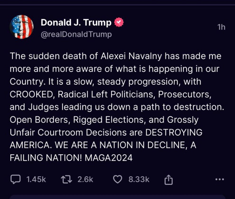 After saying nothing about the assassination of Navalny for days, Trump finally comments--not to honor the fallen hero; not to condemn Putin for the murder--but to improbably liken HIMSELF to the martyr, drawing false equivalences and running down our own democracy.