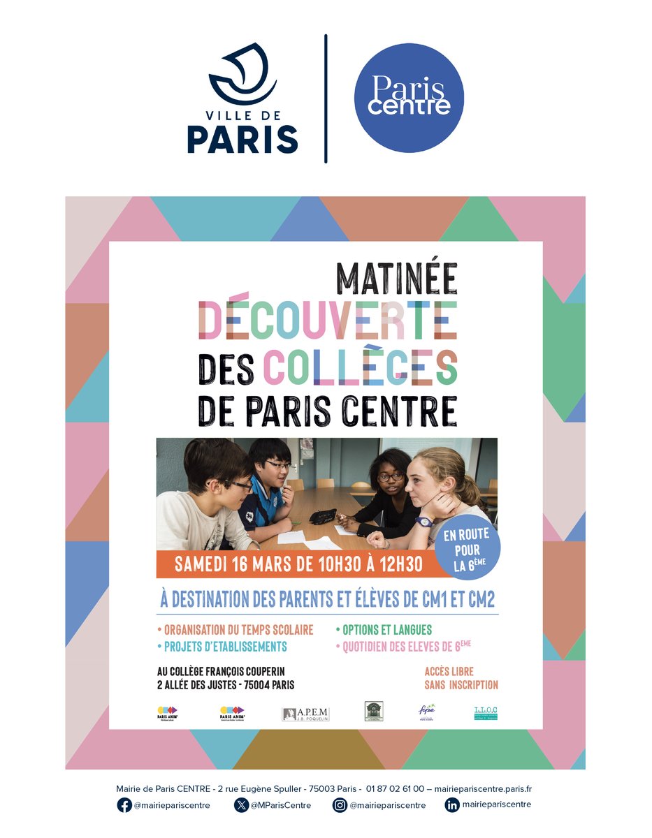 🎒 L'entrée au collège approche ? Le samedi 16 mars au collège François Couperin, rendez-vous pour une grande matinée dédiée pour découvrir votre collège de secteur. 

Toutes les infos 👉 bit.ly/4bG9nhc