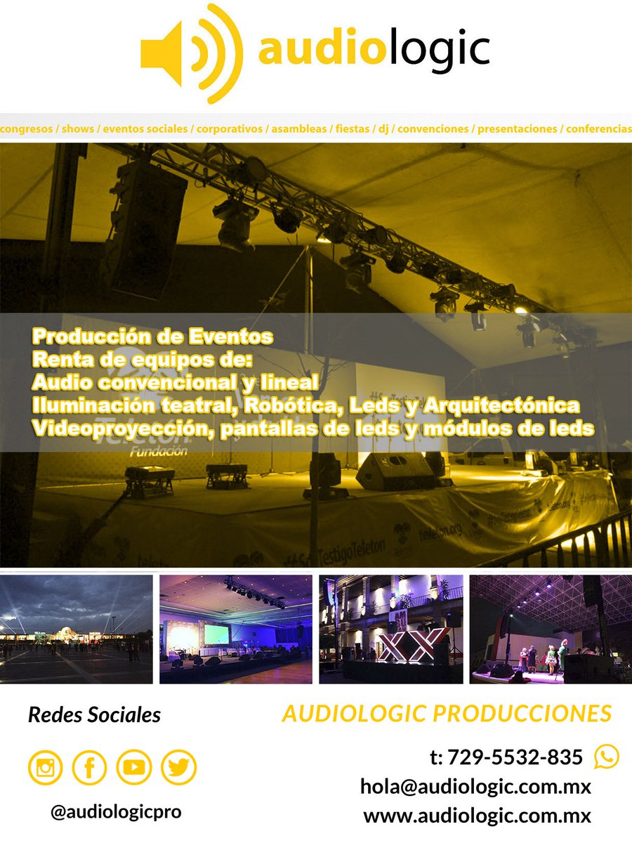 Audiologic Producciones 

Renta y venta de equipos audiovisuales para eventos en CDMX

t: 729-5532-835 WA bit.ly/AudiologicPro 
hola@audiologic.com.mx
audiologic.com.mx

@audiologicpro 

#proaudio #proilu #avpro 
#eventoscorporativos #eventos 
#buenlunes #felizlunes