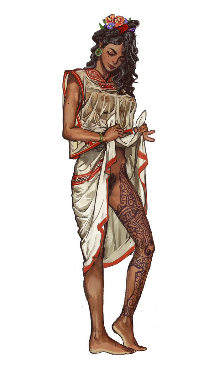 Cuauhtemoc_1521's tweet photo. #Sabíasque a las prostitutas en Tenochtitlan le llamaban alegradoras, ahuanime? Comparto una interesante descripción de ellas de acuerdo a los informantes de Sahagún, acompañado de una ilustración de @mossacannibalis 

“Se pinta el rostro, se pinta las mejillas, se oscurece los dientes, se pone grana cochinilla en los dientes, sus cabellos caen sueltos, peinados a la mitad, se hace cuernos con sus cabellos. Se contonea, anda con desverguenza, anda levantando la cabeza, anda moviendo la cabeza con altanería. Se sahuma, se echa humo, se pone perfumes, se pone la flor del poyomatli, mastica chicle, truena el chicle. Anda burlándose, anda contenta, va de un lado a otro. Hace señas a la gente con la mano, llama a la gente con los ojos, guiña los ojos a la gente, vuelve el rostro, ríe, anda riendo”.