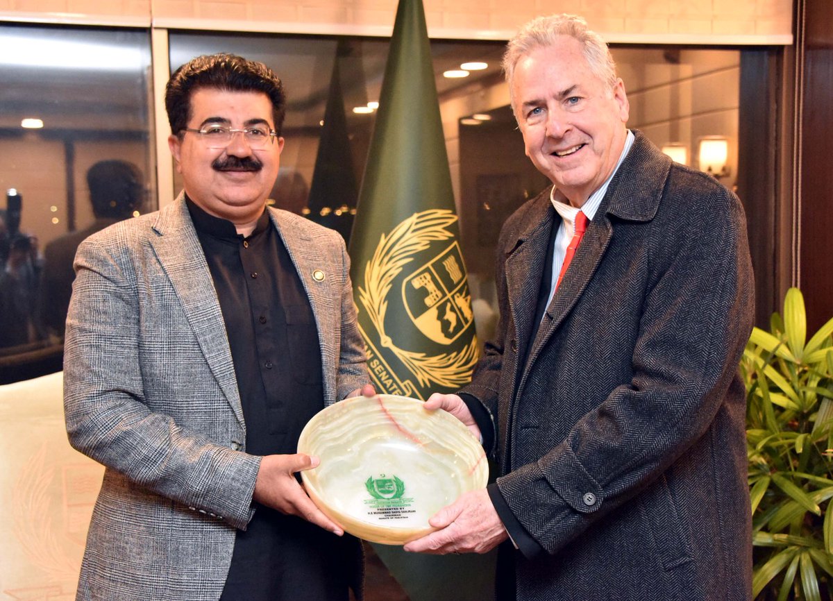 OfficeSenate's tweet photo. A delegation of American investors, led by Ahmad Nadeem Khan, President and Chairman of the Board of Directors at "Miracle Saltworks Collective Inc. USA," met with Chairman Senate of Pakistan, Muhammad Sadiq Sanjrani, at the Parliament House today. The discussions revolved around mutual interests, primarily focusing on boosting trade and business relations between the two countries.

Chairman Senate warmly greeted the American delegation, highlighting Pakistan's extensive business potential. Recognizing the United States as Pakistan's largest business partner, he emphasized the favorable business environment and the vast consumer market awaiting investment opportunities.

The American investors expressed keen interest in exploring and investing in various sectors within Pakistan. Miracle Saltworks Collective Inc. USA, specializing in the mining and crafting of Himalayan Salt, plans to invest $200 million in collaboration with the Pakistan Mineral Development Corporation. Chairman Senate urged the investors to explore untapped mineral resources, especially in Balochistan, and invited them to engage in joint ventures with local counterparts.

Chairman Senate presented Pakistan as an attractive destination for investors, citing its large consumer base and the potential for mutually beneficial economic growth. He applauded the positive contributions of the Pakistani diaspora in the United States, recognizing their efforts in the development of Pakistan and their constructive role in American society. Emphasizing the importance of increasing such investor visits, he aimed to foster stronger ties between the two nations. The Chairman Senate also informed that the Parliament of Pakistan has taken legislative measures for boosting trade and investment in the country with particular reference to the foriegn investment.

Gwadar Port was highlighted as a potential game-changer in terms of regional connectivity and trade, further strengthening Pakistan's position as a strategic partner. Chairman Senate reiterated Pakistan's commitment to nurturing and enhancing relations with the United States.

Chairman Senate also hosted a reception in honor of the visiting delegation. Deputy Chairman Senate, Mirza Muhammad Afridi, Senator Kauda Babar, Senator Mohammad Abdul Qadir and Senator Syed Ali Zafar also attended the reception.

Visting delegation also included:
- Robert Harrison, Chief Executive Officer
- Muhammad Mubarik Khan, Chief Communication Officer, Vice-Chairman
- Tad Ballantyne, Vice President, Global Finance
- Jeffery Meilander, Vice President, Operations
- Martyn Element, Director Board Member
- Luquman Ahmad Shaheen, Chief Technical Officer
- Khurshid Ahmad, Country Head of Operations.

@usembislamabad @PakinUSA @PakinNewYork