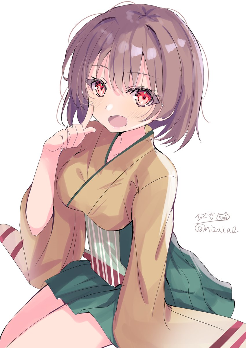 hiryuu (kancolle) 1girl japanese clothes solo green hakama short hair white background brown hair  illustration images