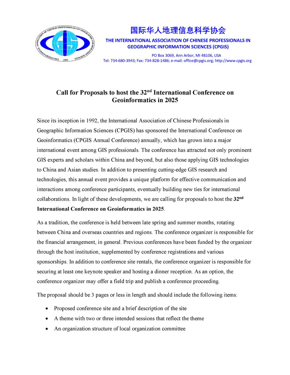 DiZhu_Patrick's tweet photo. Call for Proposals to host the 32nd International Conference on Geoinformatics (#CPGIS2025) https://t.co/kss6JYLaF6 Proposals due 31 Mar 2024. https://t.co/MqiWuzMms2