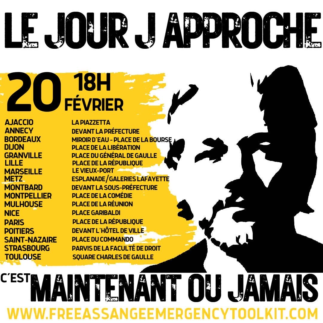 Avec Toulouse, on passe à 17 villes ! Nous nous tiendrons demain aux côtés de Julian #Assange et du droit d’informer.

#Ajaccio #Annecy #Bordeaux #Dijon #Granville #Lille #Marseille #Metz #Montbard #Montpellier #Mulhouse #Nice #Paris #Poitiers #SaintNazaire #Strasbourg #Toulouse