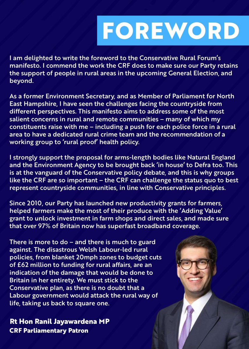ranil's tweet photo. β
Some great policy ideas from @ConRuralForum in the manifesto theyβre launching tonight.
π I was pleased to write the foreword, highlighting why we must stick with the plan.
#StrongEconomy #StrongEnvironment https://t.co/SvggbaxCo2