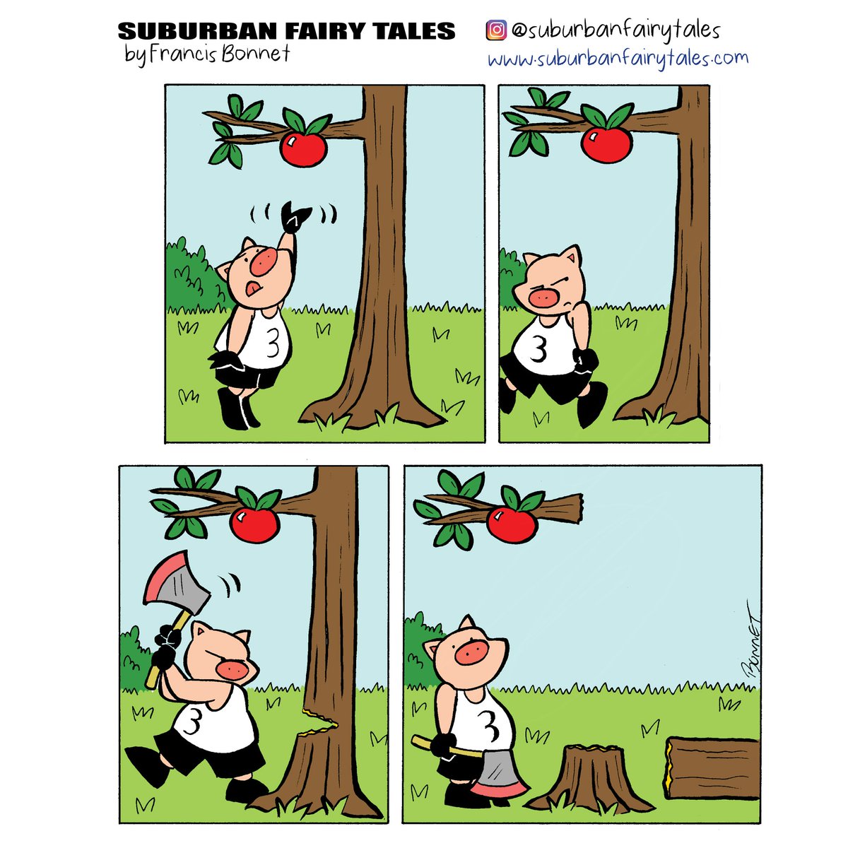 This comic is from November 2015. This was one of those rare comics where I didn’t use any dialogue at all! 
#comicstrips #instacomic #fairytaleretelling #funnycomics #cartoonpig #comicsforkids #igcomics #humor #instaartists #apple
#appletree #chop #axe #timber