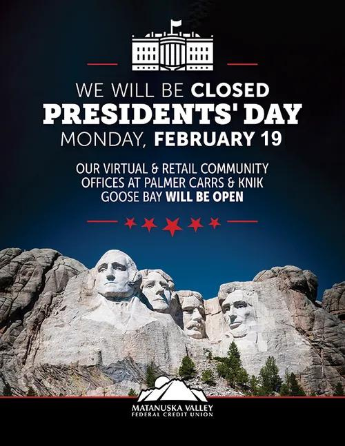 MVFCUak's tweet photo. In celebration of PRESIDENT’S DAY our Virtual, Palmer Carrs and KGB Community Offices will be open today.

Office Hours for Presidents' Day, Feb 19, 2024, 11:00 am - 7:00 pm Alaska Standard Time.

All other Community Offices will be closed today!
Insured by NCUA https://t.co/wHJ7XHvdxd