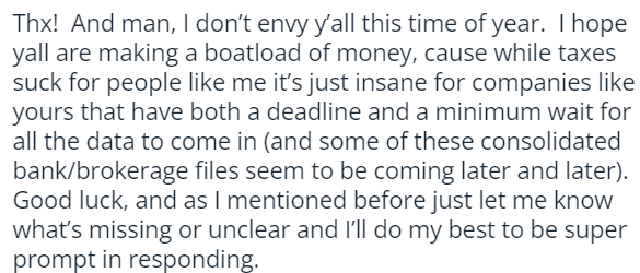 LoganGrafTax's tweet photo. Considering never charging a fee for this client again...

🥹 https://t.co/bBjpeWQCPg