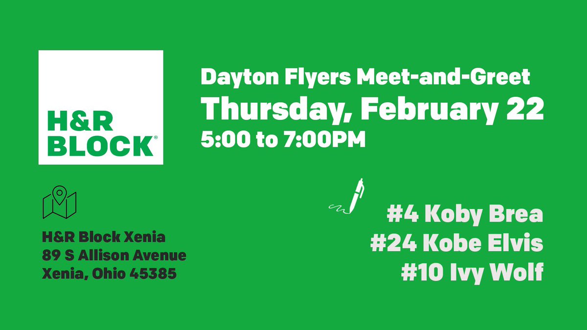 👉 RSVP here: bit.ly/HRB2024 👈 and come see me at a local @HRBlock franchise office THIS THURSDAY (Feb 22) @KobeElvis, @ivyewolf, and I will be in Xenia while my @daytonmbb teammates will be at other locations. See you there! #dayton6th 🔥🔥🔥