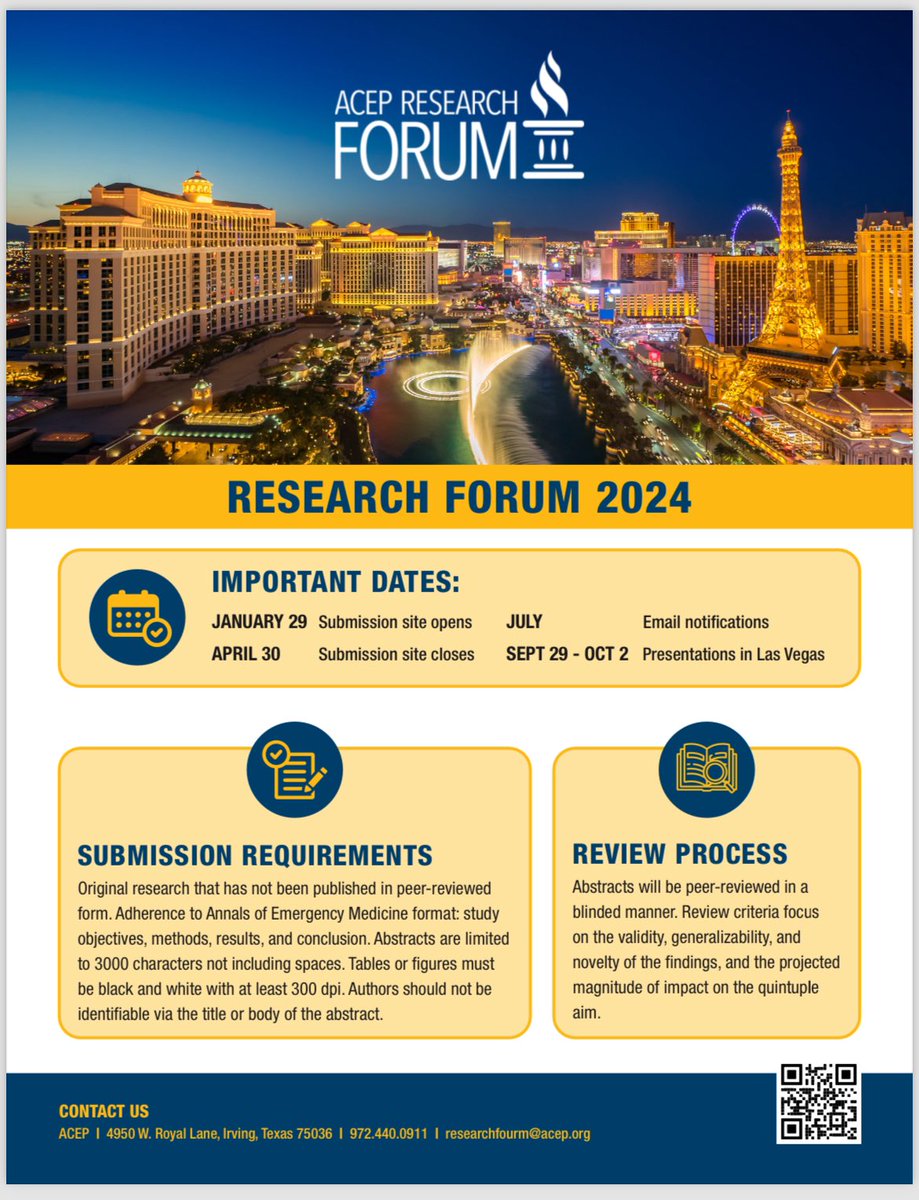 #ACEP24 is launching an expanded international research track this year. Submissions are now open. Original research as well as highlights from national and regional EM societies where research has already been presented are eligible. Info at the QR👇& acep.org