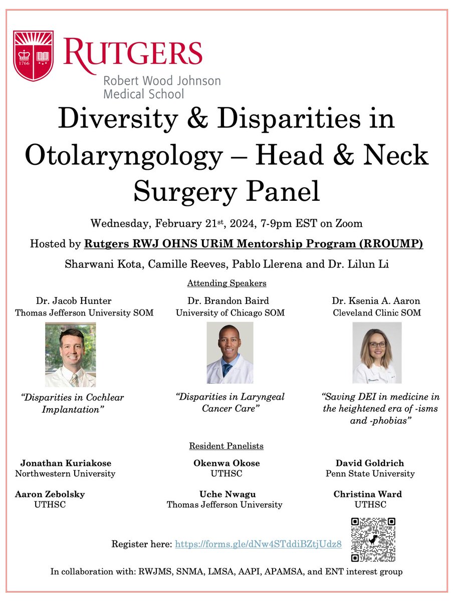Excited for an enlightening discussion on Diversity &amp; Disparities in #Otolaryngology hosted by <a href="/RWJMS/">Rutgers RWJMedSchool</a> on 2/21. Thank you <a href="/SharwaniKota/">Sharwani Kota</a>, Camille Reeves, Pablo Llerena, and Dr. Lilun Li for organizing and for involving <a href="/JacobBHunter/">Jacob Hunter</a> and <a href="/unwaguMed/">Uche Nwagu</a> from <a href="/Jefferson_OTO/">Jefferson Otolaryngology- Head and Neck Surgery</a>! #DiversifyOto