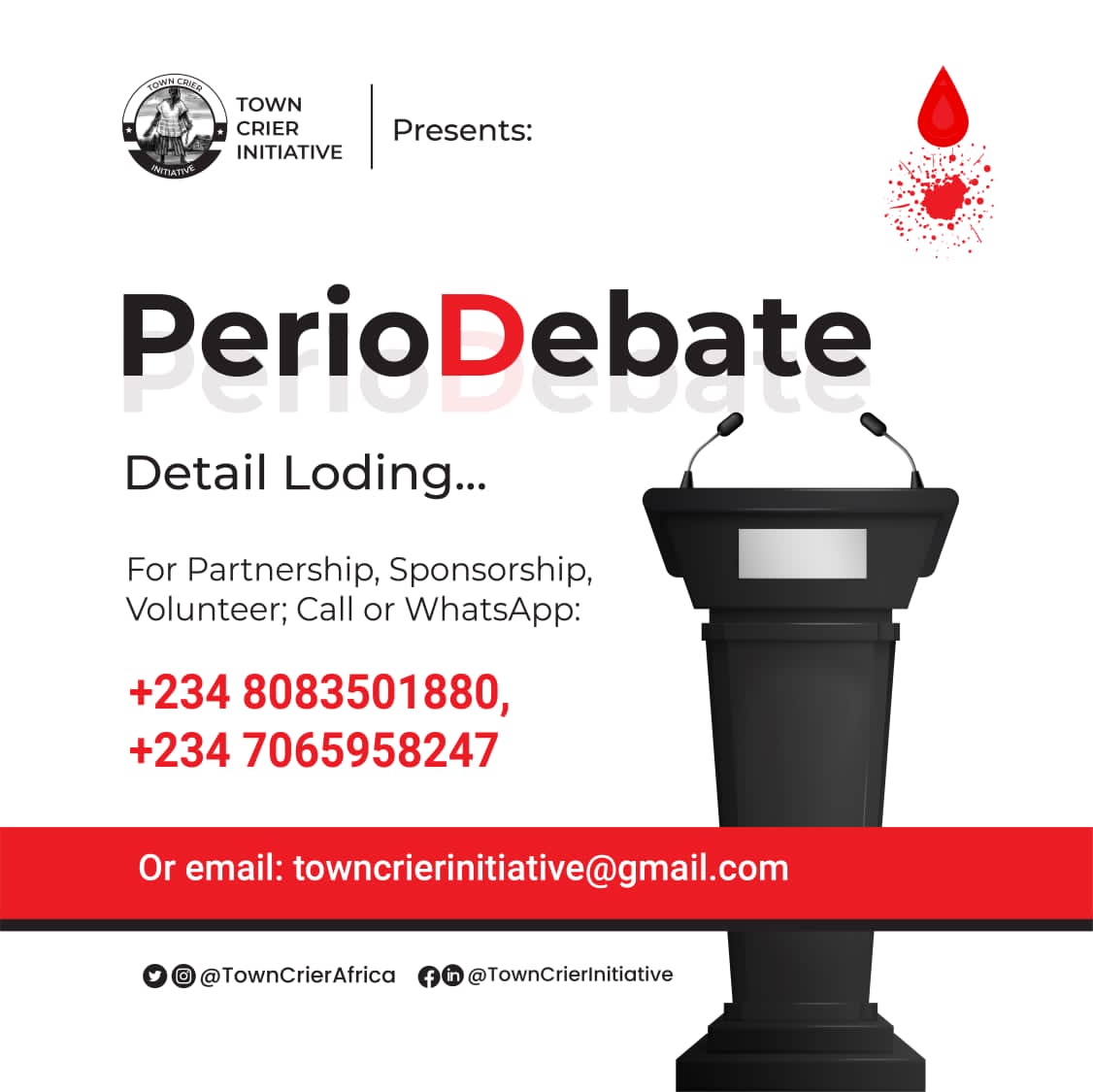 TownCrierAfrica's tweet photo. It's 100 days until Menstrual Hygiene Day 2024,  We  @TownCrierAfrica are  excited to announce our campaign tagged #PeriodDabate aimed at using debates to generate discussion around the silence surrounding #Menstruation &amp; period stigma. 

#Project5000Girls 
#MHDay2024 
#Period https://t.co/9802Td6dXg