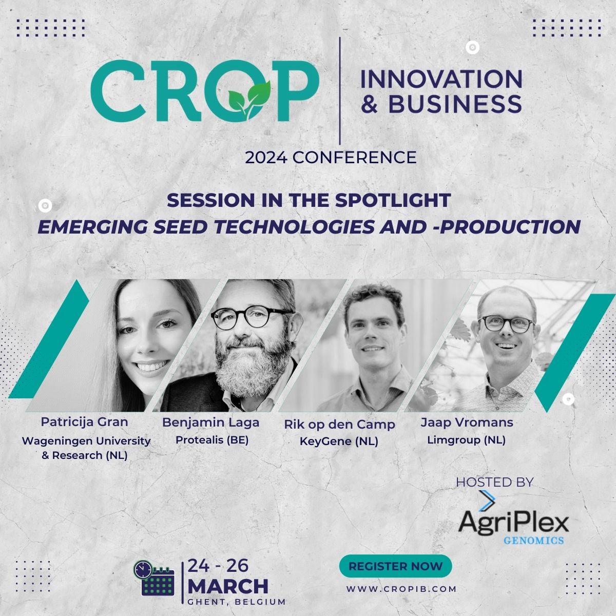 In session ´EMERGING SEED TECHNOLOGIES AND -PRODUCTION´ novel approaches in seed enhancement, hybrid seed production and the use of biologicals will be discussed at the CROP Innovation &amp; Business conference in Ghent, March 24-26, 2024. cropib.com