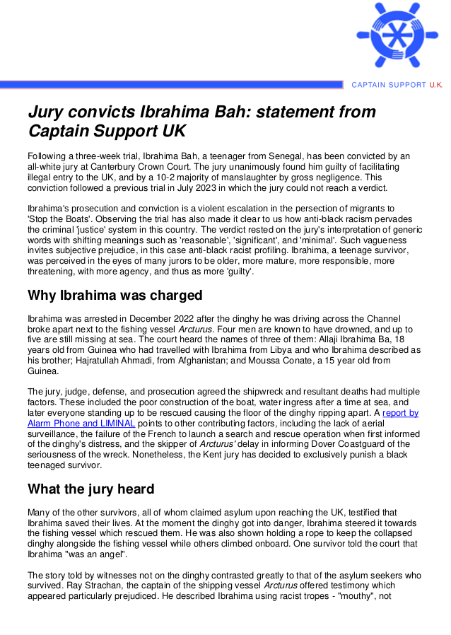 CaptainSuppUK's tweet photo. 🚨Captain Support's statement on Ibrahima Bah's conviction.🚨

Ibrahima's trial was a violent escalation in the persecution of migrants to 'Stop the Boats'.

It also shows the structural racism in the UK's criminal 'justice' system.

#freeibrahima https://t.co/2uDtBckhrv