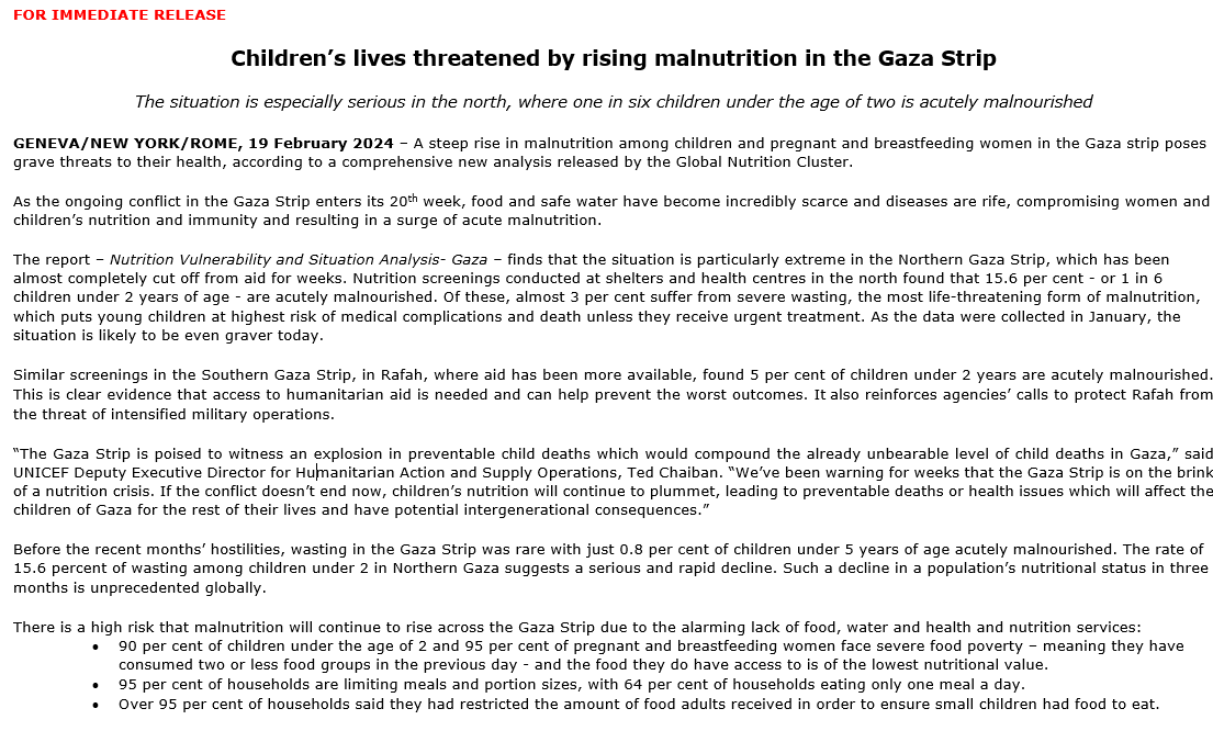 NoticiasONU's tweet photo. 🔴 URGENTE.  "La Franja de Gaza está a punto de presenciar una explosión en muertes" de niños por hambre, alertan @UNICEF , @WFP y @WHO 

La desnutrición infantil aguda en el norte ha experimentado  "un deterioro sin precedentes en todo el mundo". https://t.co/IMZ5PQfVhC
