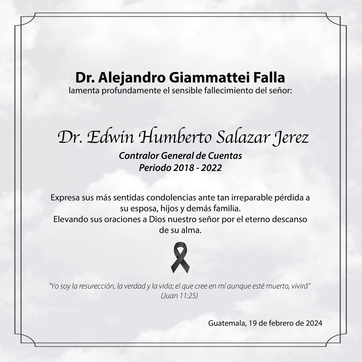 Lamento el sensible fallecimiento del Dr. Edwin Salazar, un gran hombre que a través de los diferentes ámbitos estuvo siempre al servicio del país. Dios lo tenga en su santa gloria y a su familia y amigos les extiendo mi más sentido pésame. ✞