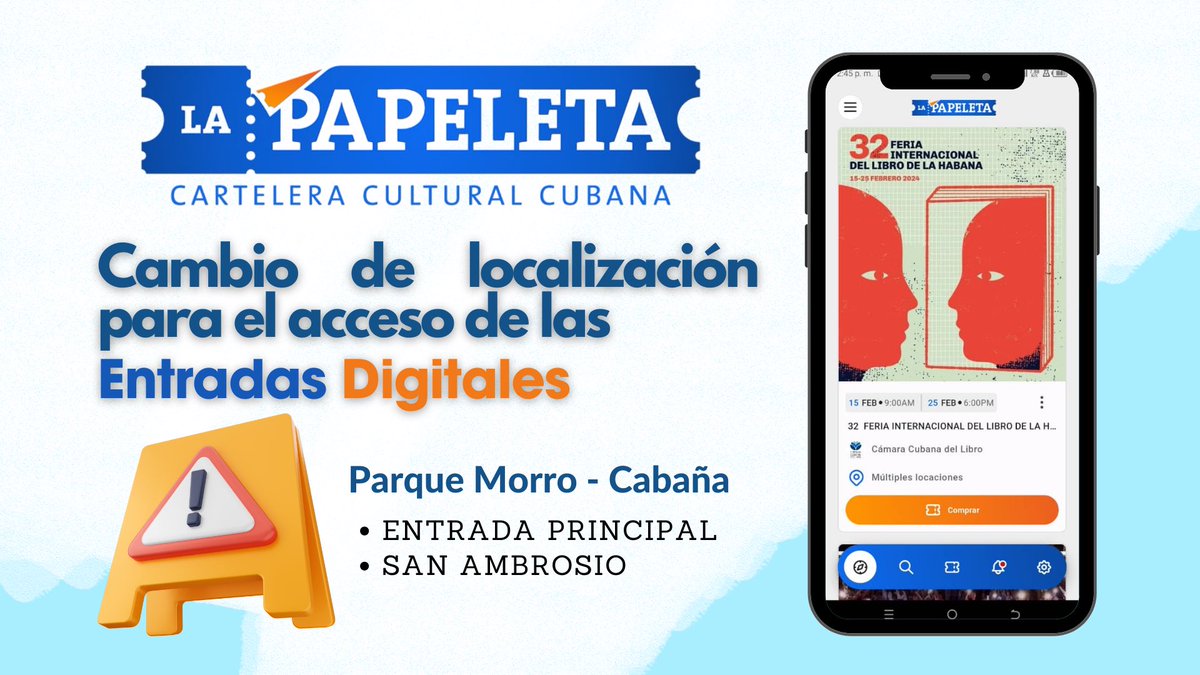 LaPapeletaCuba's tweet photo. 🚨🚨🚨ATENCIÓN🚨🚨🚨
Cambio de localización de nuestro personal para la validación de los códigos QR vendidos a través de nuestra aplicación. @CubarteES
Recuerda que puedes descargar nuestra app a través de: https://t.co/JqcD339aoY
#lapapeletacuba10años #CubaEsCultura #32filh https://t.co/BzW4y7ptTl