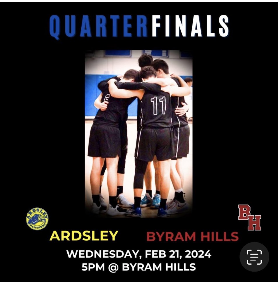 🏀Quarter Finals!!
🗓️ Wednesday, February 21
🆚 Byram Hills
📍Byram Hills High School
⏰5:00pm

@hoopsmbd @KDJmedia1 @locallivenet @lohudsports @lohudhoopsmbd
@ardsleypanthers
@LowerHudsonHoop