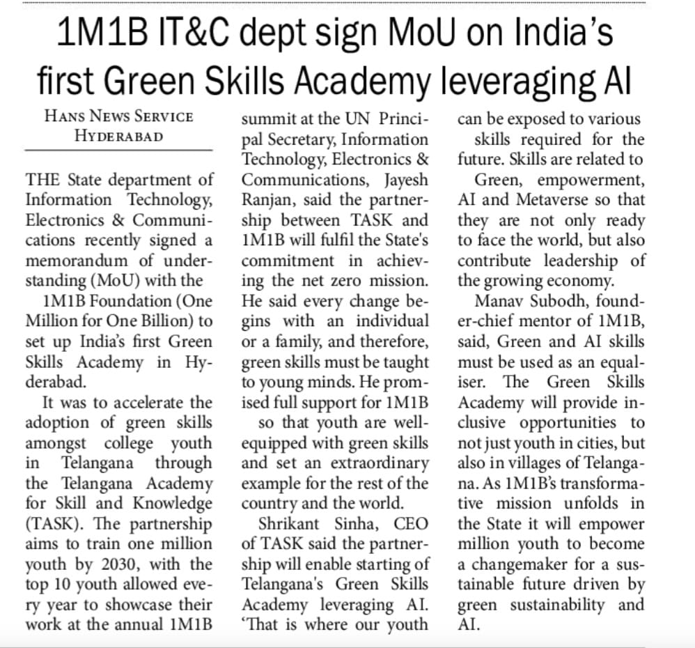 📢 Exciting news for Telangana's youth! @Activate1M1B Green Skills Academy is set to empower students with AI, sustainable design & data analysis. We are committed to fostering innovation & training young people in green skills in 700+ colleges! Link: thehansindia.com/news/cities/hy…