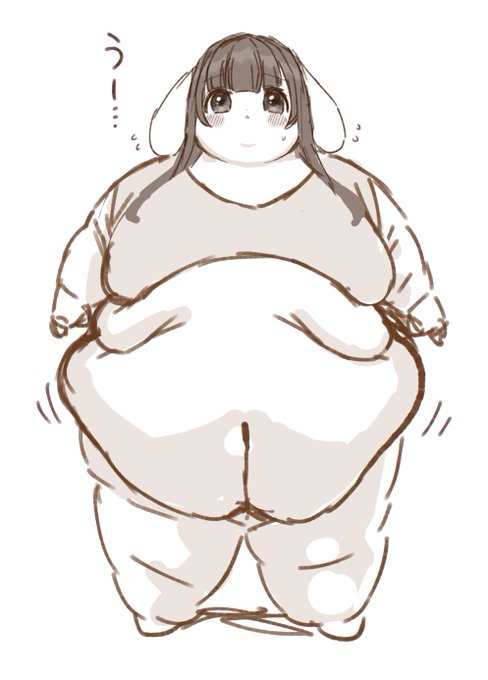 ぱっちりおめめ
まんまる二重あご
まっすぐおろせない腕
おっぱいの下におっぱい(?)
縦割れおへそ腹肉エプロン
重たい体重を支えるためのガニ股立ち... 