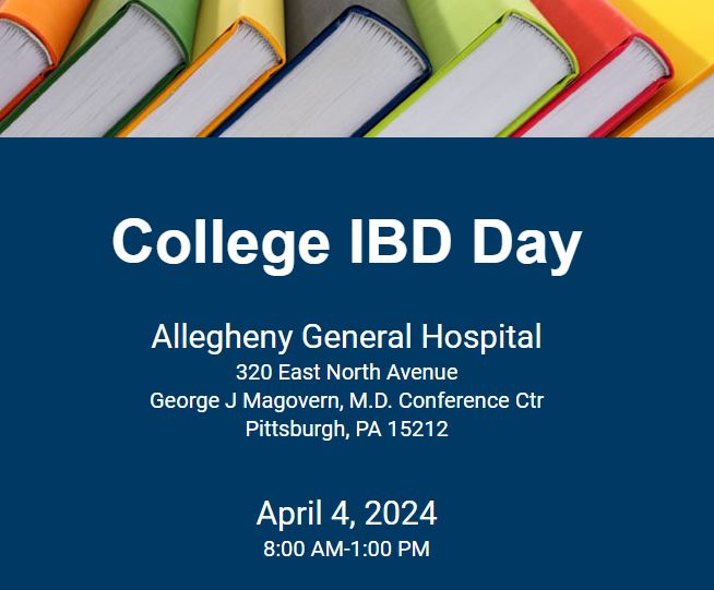 Registration is open for #CollegeIBDDay🎓on Thursday, April 4th! This free event is for patients who are 18-25 years old and their families who have Inflammatory Bowel Disease, Crohn’s and Colitis who will be attending college in September. Register at events.ahn.org/Ye4e7z?locale=…