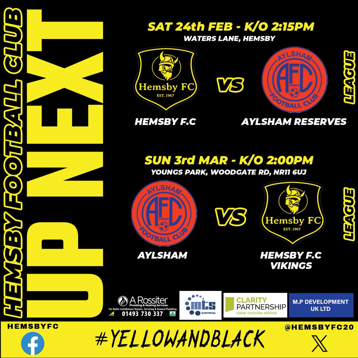 💛🖤UP NEXT🖤💛
On Sat our 1st team host 9th placed <a href="/aylsham_fc/">Aylsham FC</a> Res.
K/O 2:15pm, feel free to pop down to Waters Lane &amp; show your support. 
Next game for our vets is on 3/3/24 where they will be away against Aylsham Vets
#hemsbyfc #waterslane #norfolkfootball