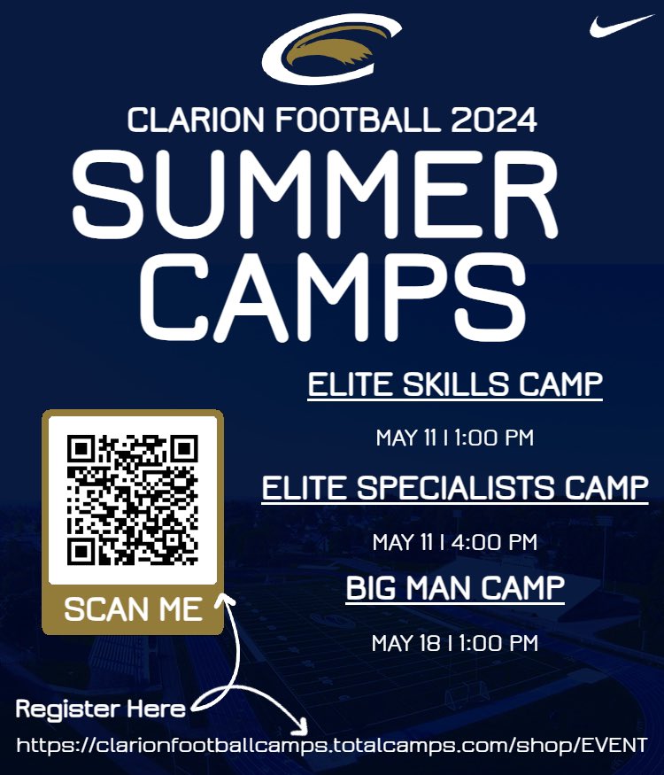 🚨🚨Camp Alert🚨🚨 Registration is now OPEN for our Three Camps! A great opportunity to get evaluated by our staff! See you in Clarion! Register Here: clarionfootballcamps.totalcamps.com/shop/EVENT #WingsUp 🦅