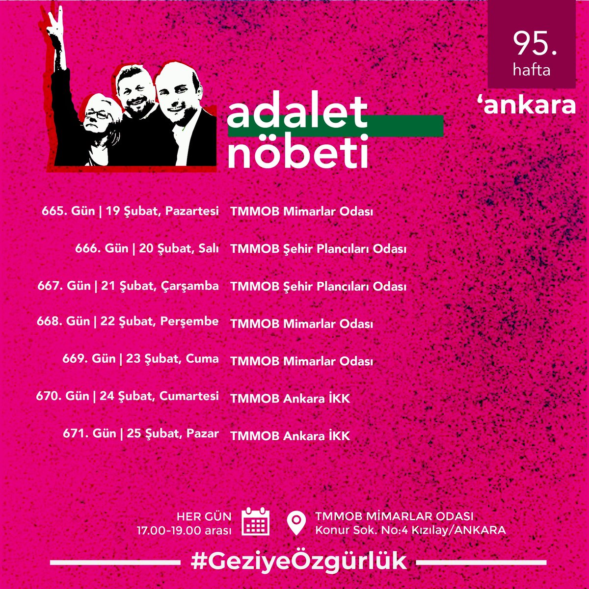 95. Hafta | Ankara Adalet Nöbeti’nin nöbet programı 🗓 Her gün ⏰ 17.00-19.00 📍 TMMOB Mimarlar Odası #GeziyeÖzgürlük #GeziyiSavunuyoruz