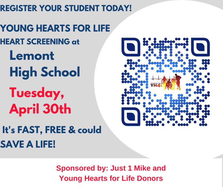 @Lemont_HS will host free cardiac screenings on Tuesday, April 30, for ALL students who are registered by their parents. Register: screenings.yh4l.org/YH_enroll.aspx… Volunteer: signup.com/go/GvpysgJ Thanks to @YoungHearts4Lif and the just1mike Foundation for their support! #WeAreLemont