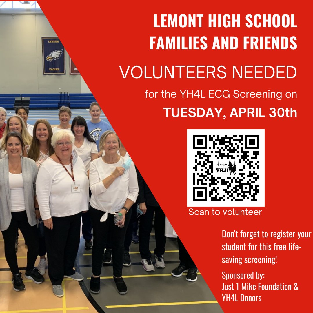 @Lemont_HS will host free cardiac screenings on Tuesday, April 30, for ALL students who are registered by their parents. Register: screenings.yh4l.org/YH_enroll.aspx… Volunteer: signup.com/go/GvpysgJ Thanks to @YoungHearts4Lif and the just1mike Foundation for their support! #WeAreLemont