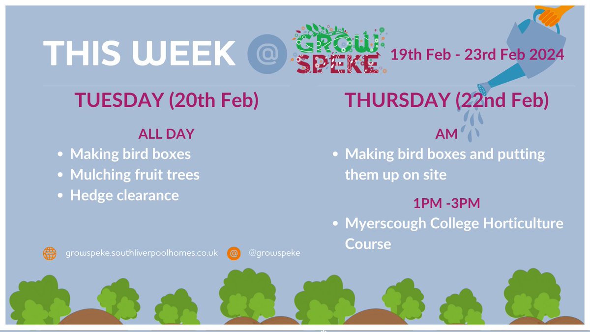 Lots you can get involved in this week at @GrowSpeke. We’ll be making birdboxes & putting them up on site. We’ll also be mulching fruit trees, clearing hedges & there's our horticulture course with @CroxtethCampus on Thurs. Drop in. We’d love to see you! @GroundworkCLM @SLH_Homes